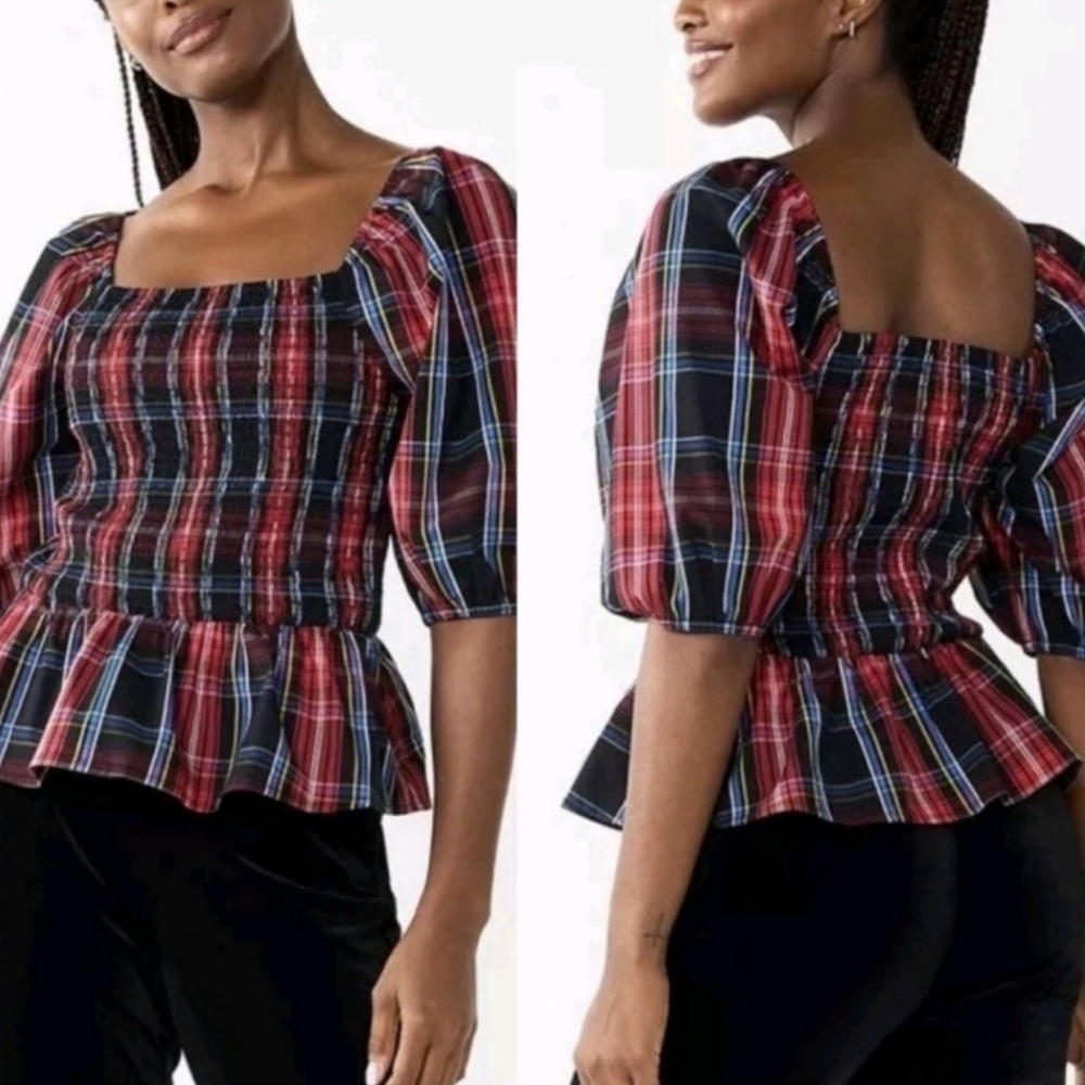 Draper James RSVP Women’s Red TarTan Plaid Smocked Peplum Square Neck Top Blouse
